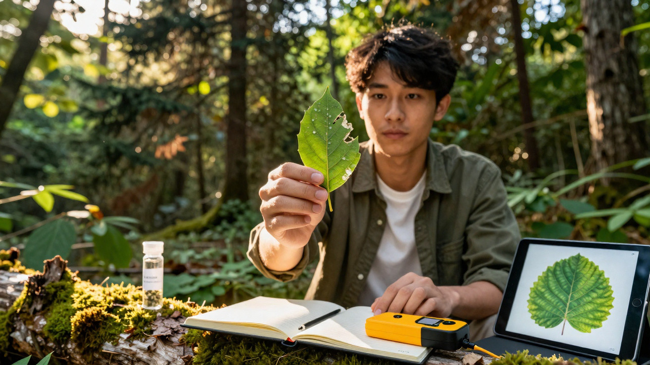 Homem analisa folha danificada numa floresta, com caderno, dispositivo e imagem de folha num tablet.