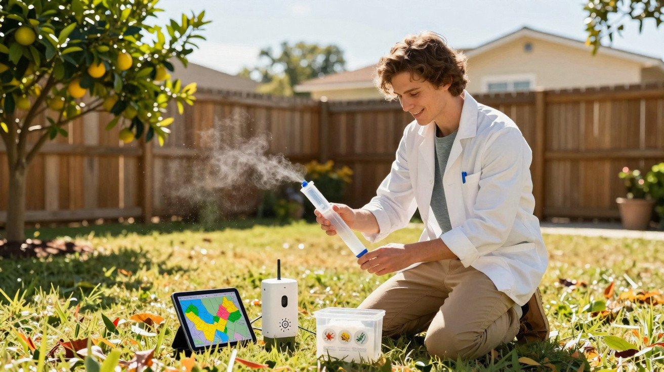 Homem jovem de bata branca ao ar livre com equipamento de medição e monitorização ambiental no jardim.