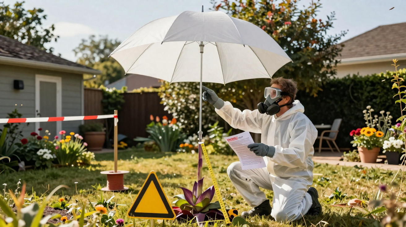 Pessoa em fato de proteção e máscara a analisar jardim com sinal de aviso e guarda-sol branco.