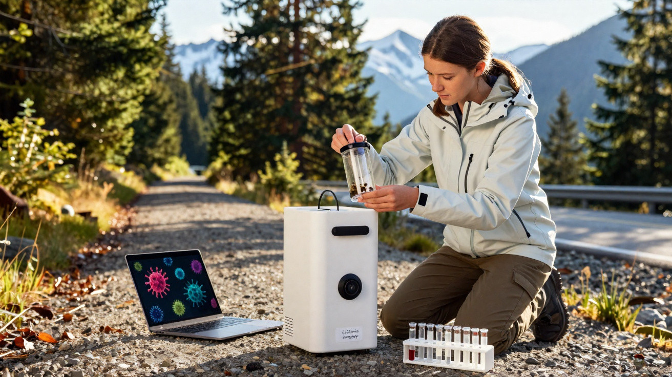 Mulher com equipamento científico analisa amostras junto a computador em trilho montanhoso com árvores e neve.