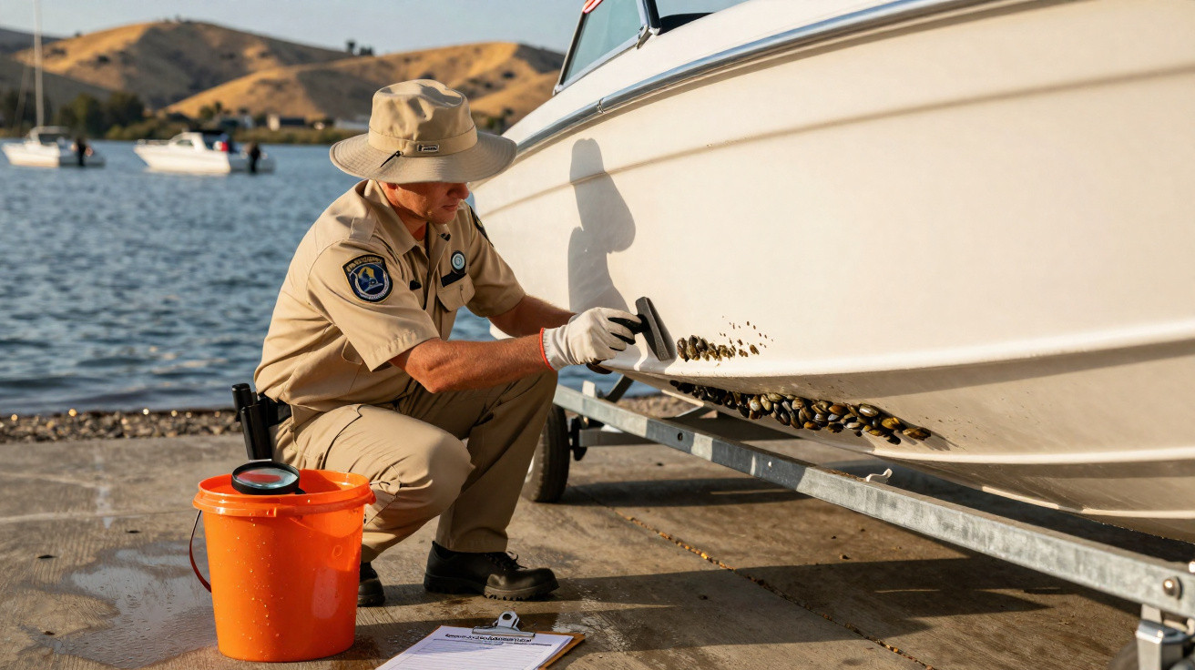 Funcionário em uniforme a remover mexilhões da lateral de um barco branco num cais junto à água.