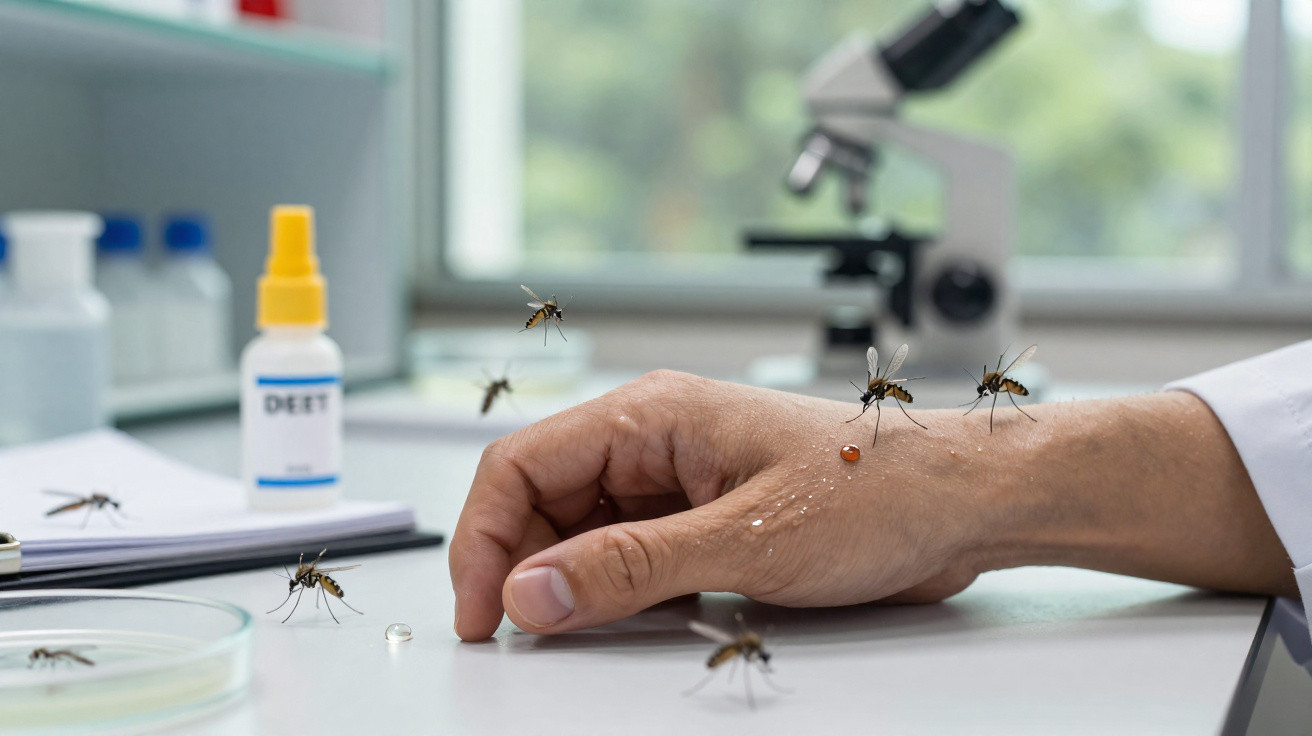 Mão de cientista com mosquitos pousados e a voar num laboratório, com equipamento científico ao fundo.