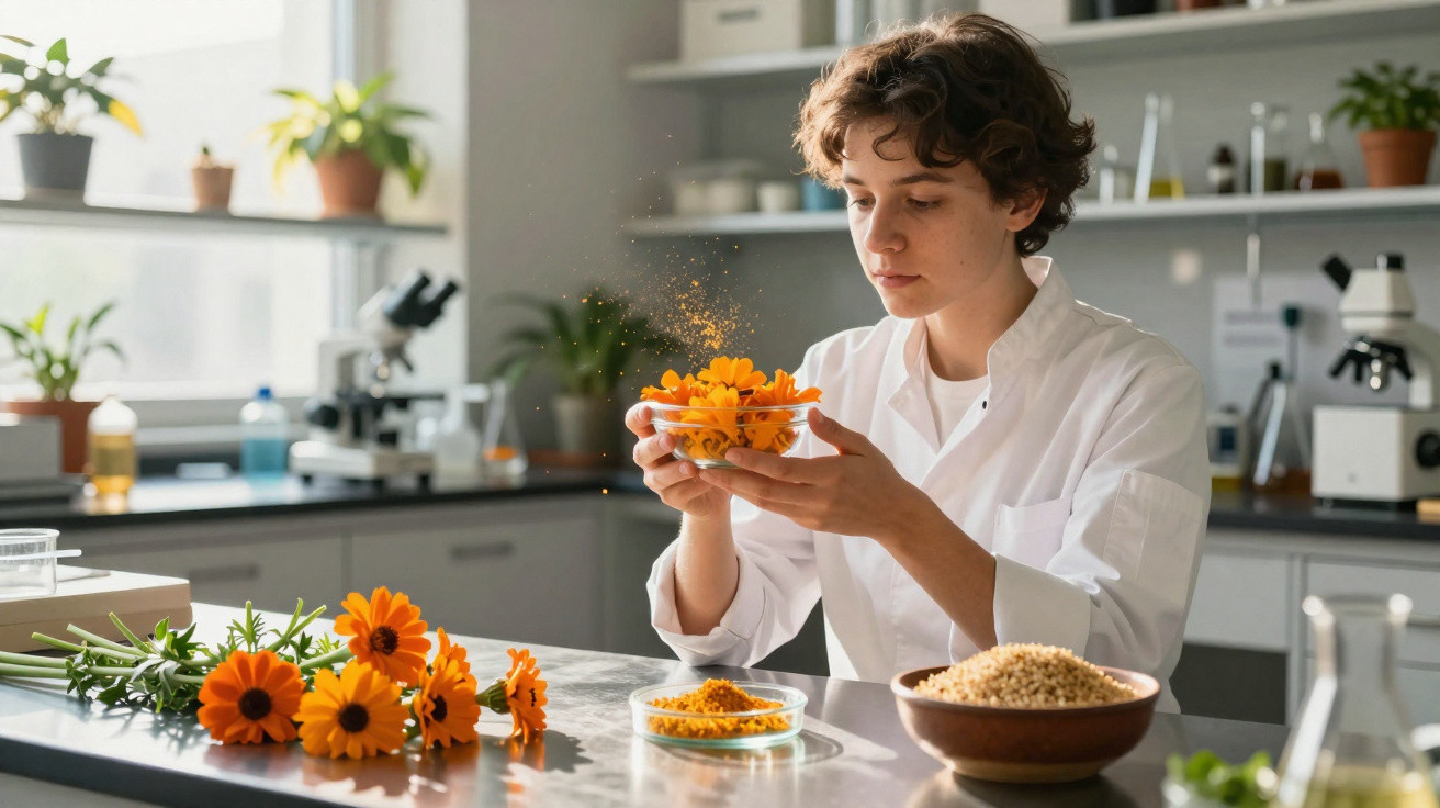 Cientista a analisar flores e substâncias em laboratório com equipamento de microscópio e plantas ao fundo.