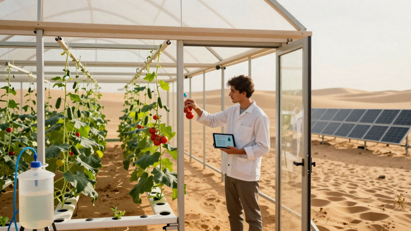 Homem em estufa no deserto a examinar tomate e usar tablet com painéis solares ao fundo.
