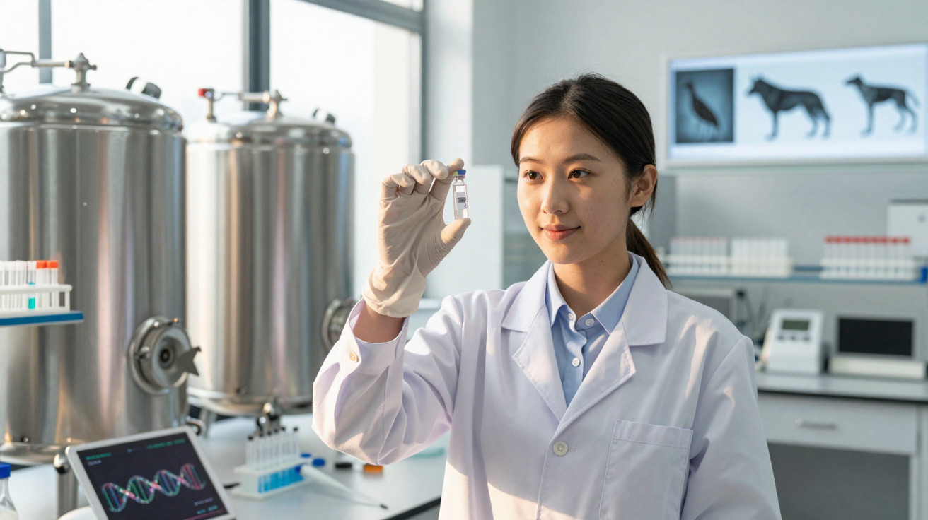 Cientista feminina em laboratório, segurando um frasco de amostra com máquinas e ADN num ecrã ao fundo.