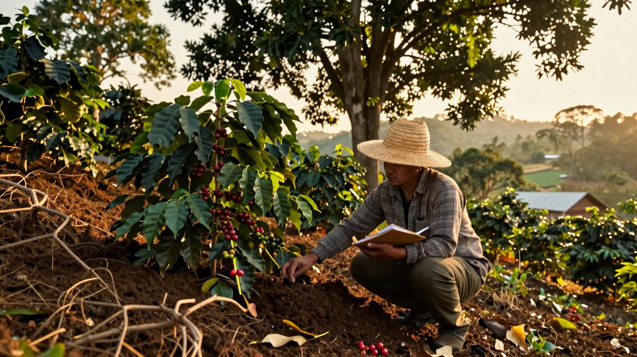 Homem com chapéu de palha colhendo frutos vermelhos numa plantação de café ao pôr do sol.