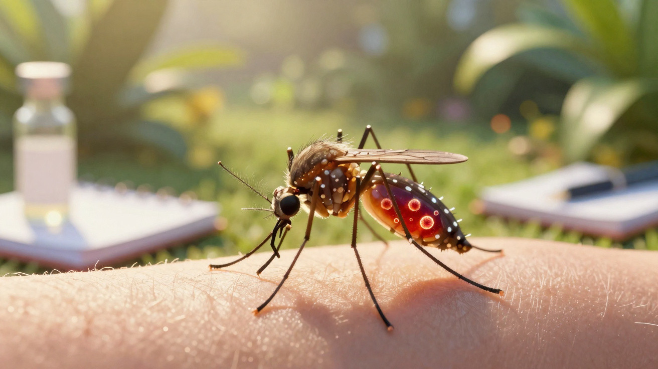 Mosquito com corpo visivelmente cheio de sangue pousado em pele humana ao ar livre.