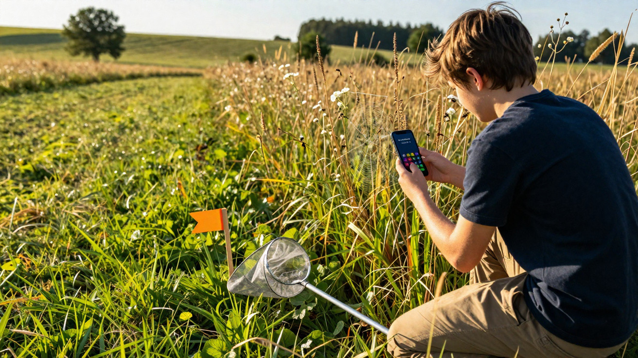 Rapaz com telemóvel e rede a observar área com vegetação alta num campo ao pôr do sol.