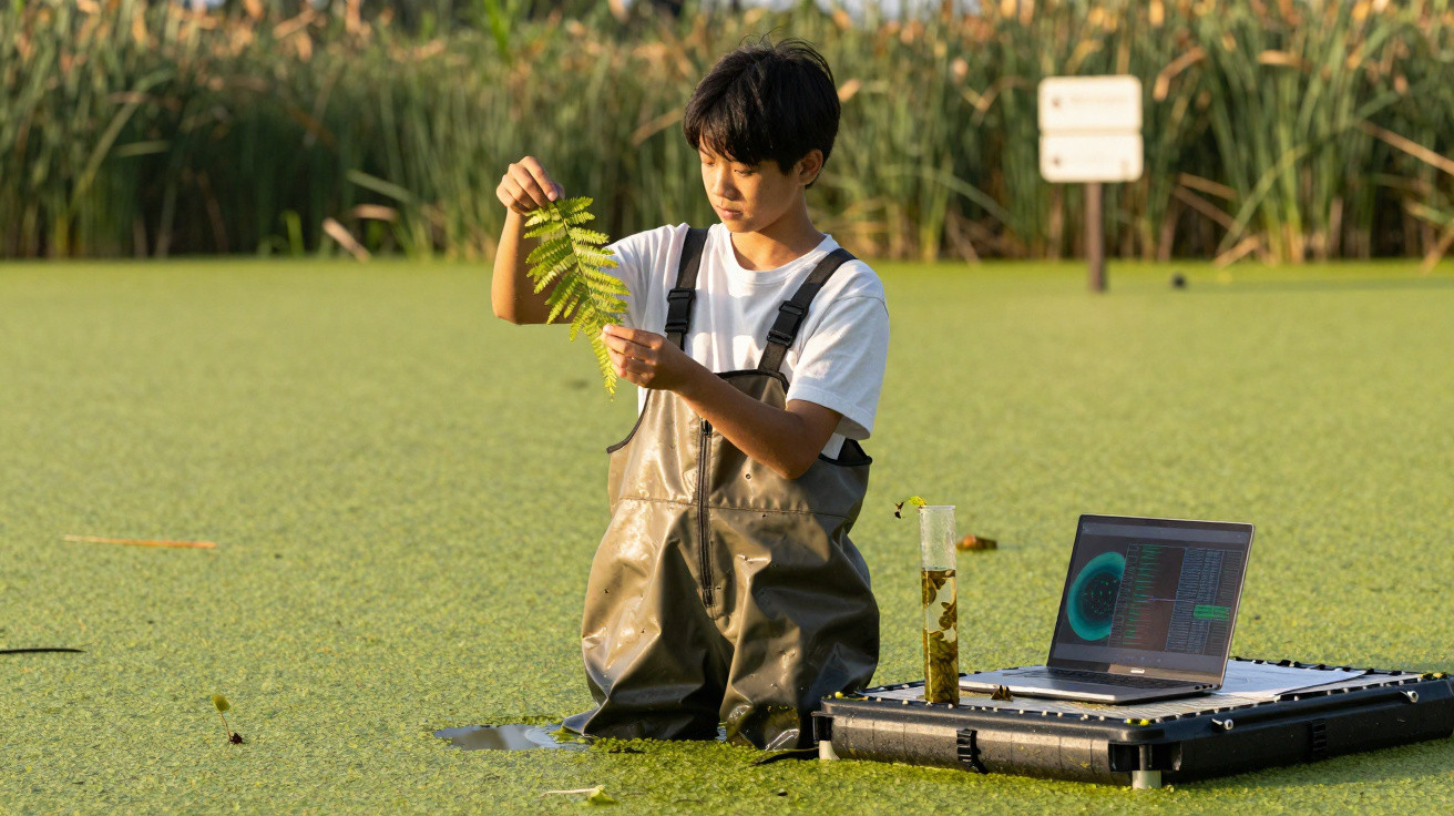 Jovem cientista com botas de borracha analisa planta aquática numa lagoa rodeado por equipamentos de pesquisa.