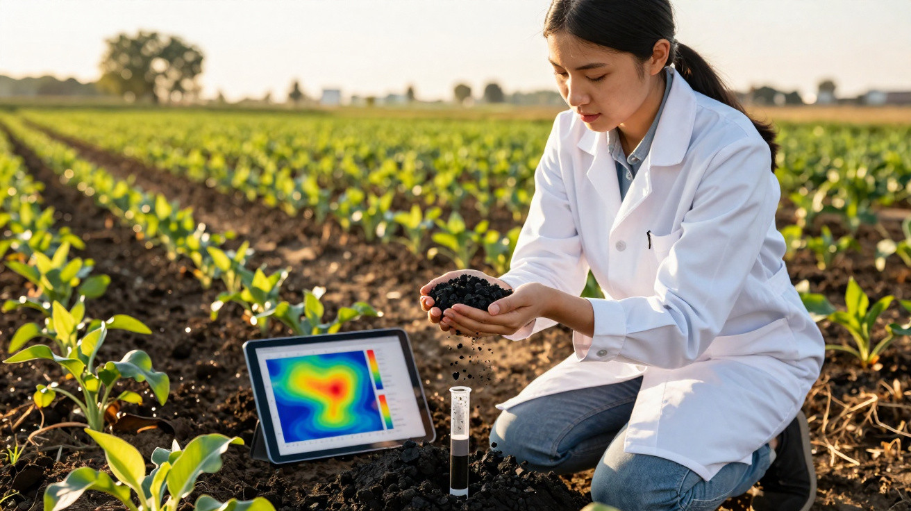 Mulher cientista de bata branca analisa amostra de solo num campo agrícola com tablet ao lado.