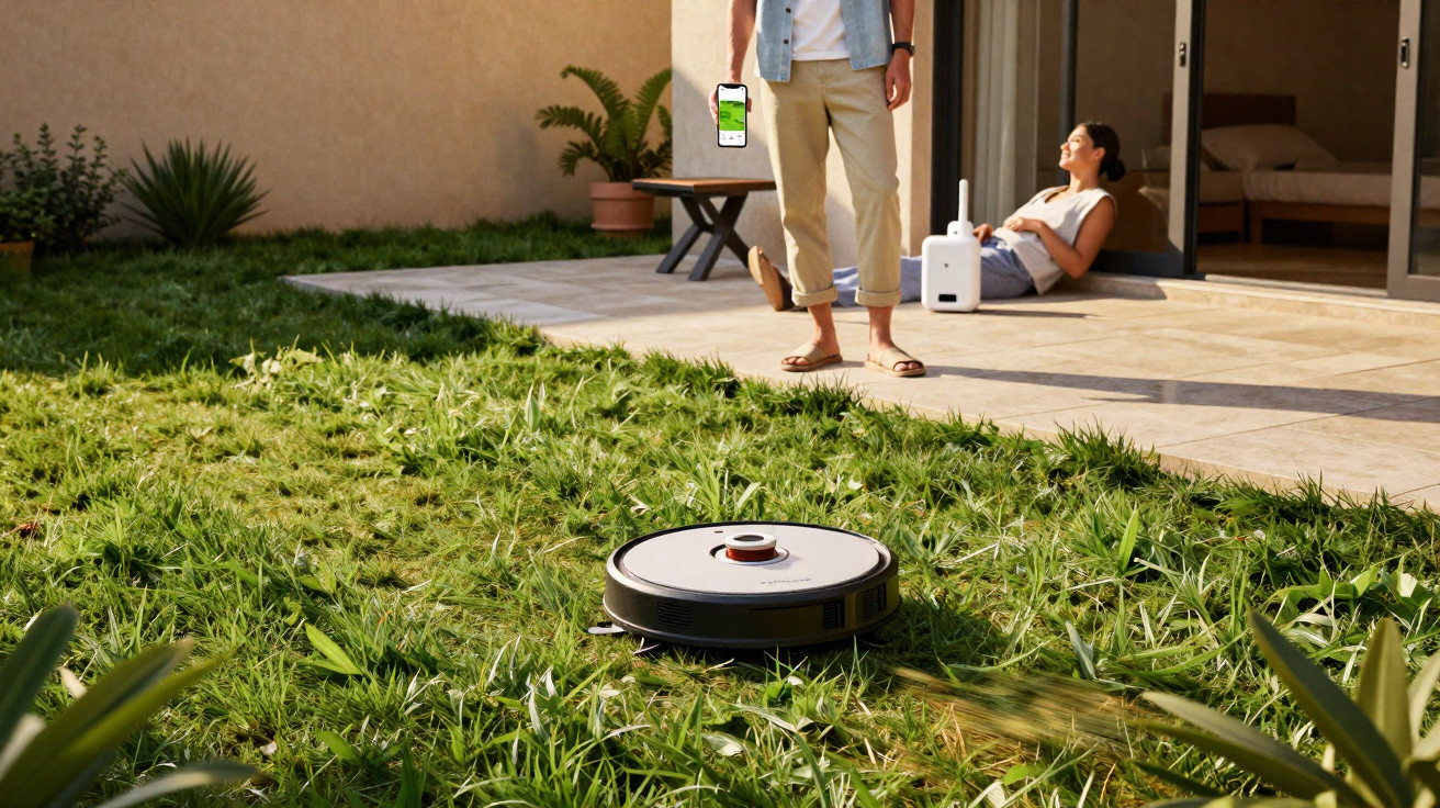 Robot aspirador a limpar relvado, homem com smartphone e mulher sentada numa varanda.