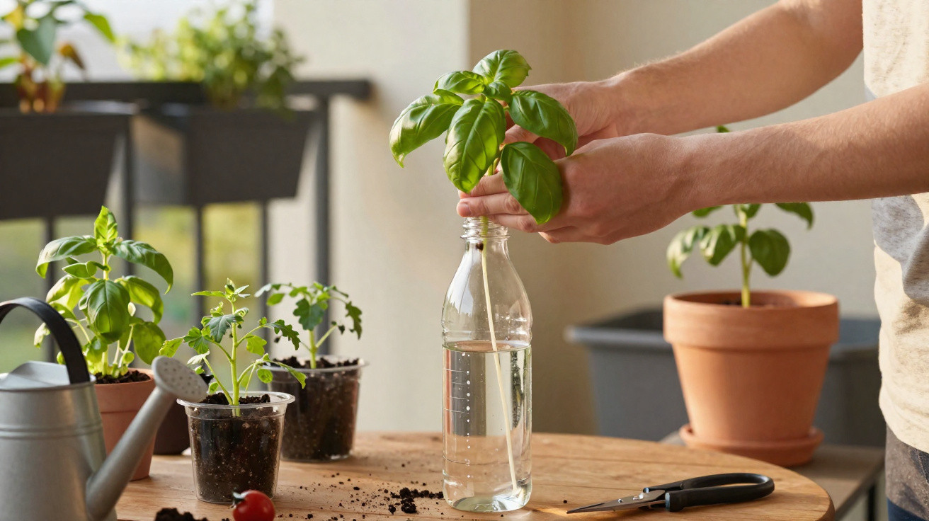 Pessoa a transplantar planta de manjericão para garrafa com água numa mesa com vasos e utensílios.
