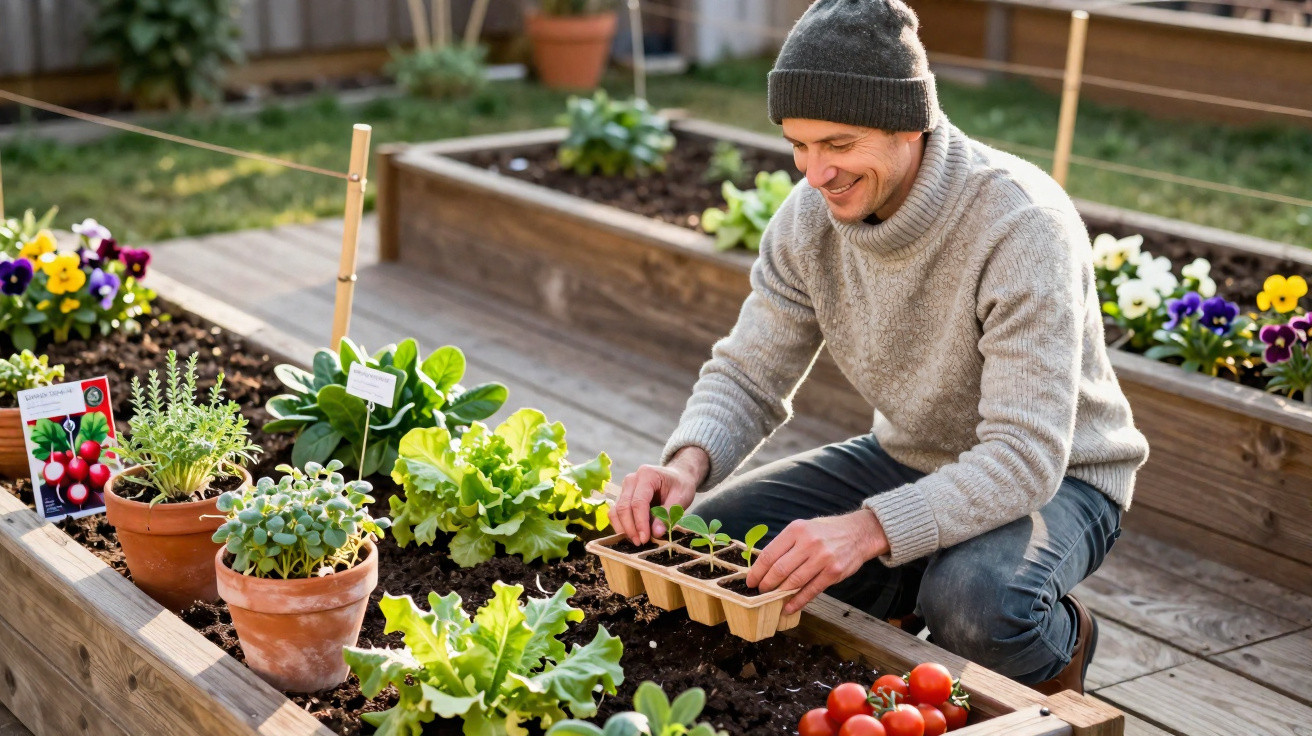 Homem sorridente a plantar mudas numa horta elevada com várias plantas e tomateiros.