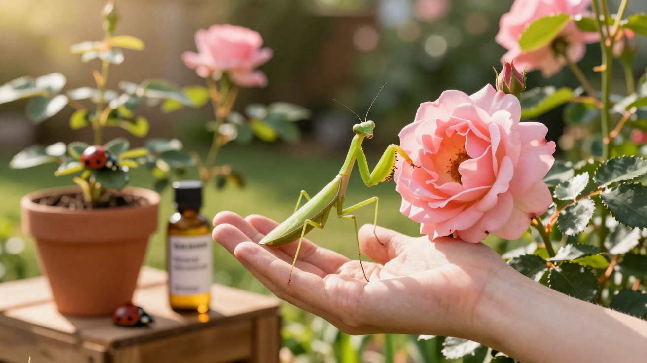Mão segurando uma louva-a-deus junto a uma rosa cor-de-rosa num jardim ensolarado com joaninhas e plantas.