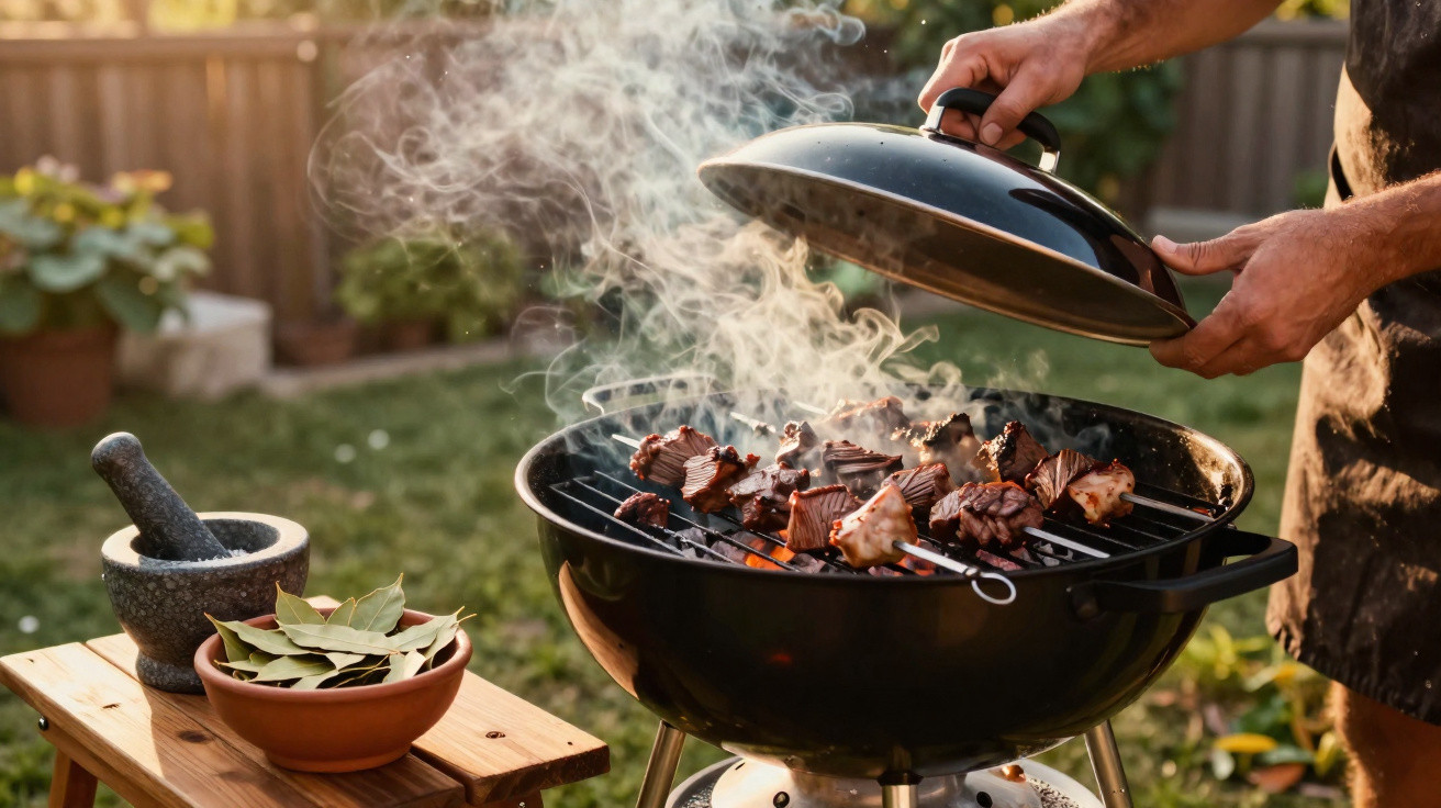 Churrasco ao ar livre com carne a grelhar e fumaça saindo de um grelhador redondo preto.