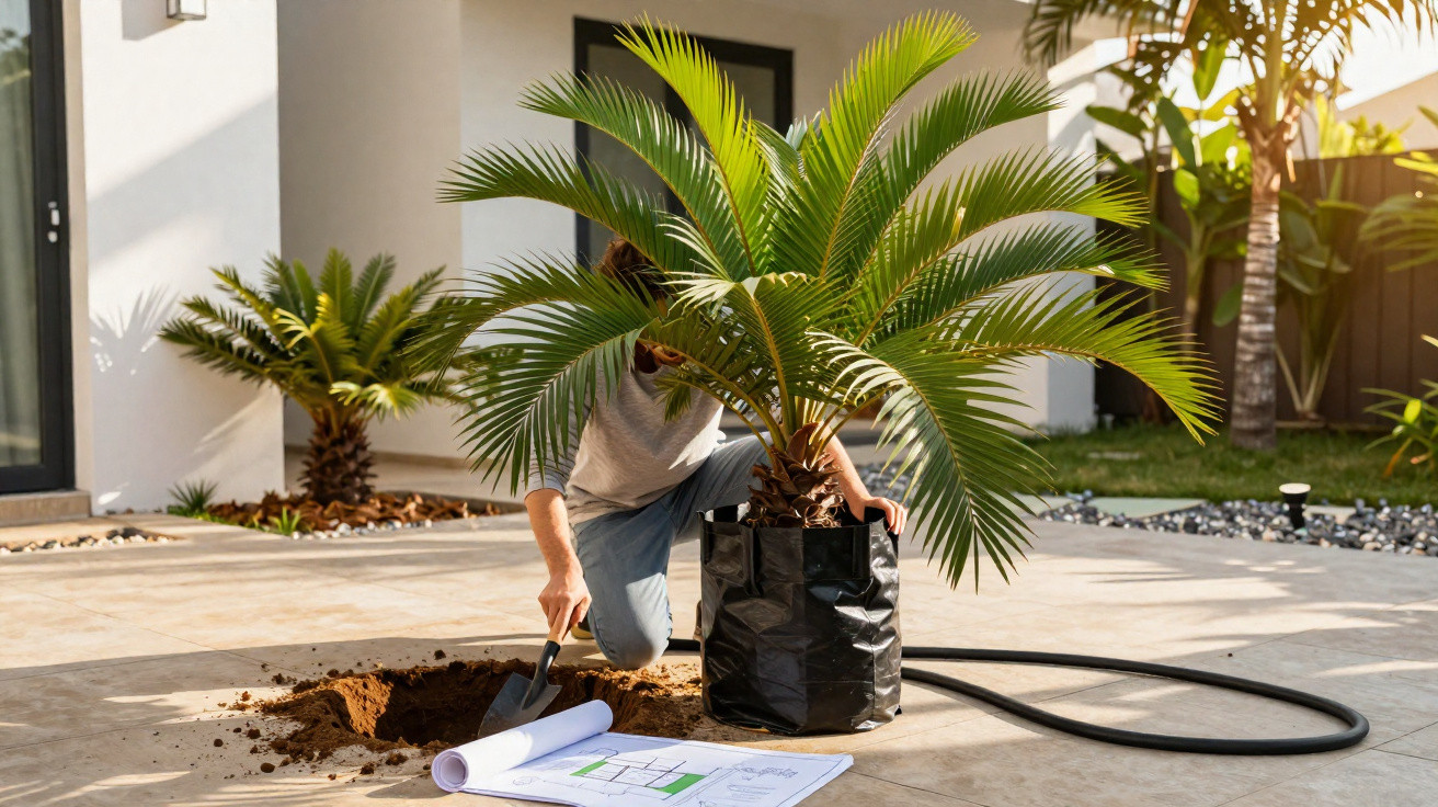 Pessoa a plantar uma palmeira num vaso preto em espaço exterior com plantas e plano de jardinagem.