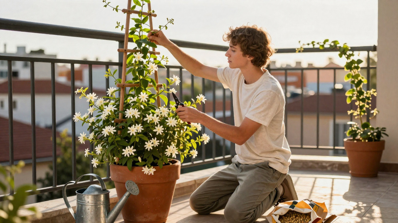 Rapaz a podar plantas com flores brancas num vaso de barro numa varanda ensolarada ao fim da tarde.