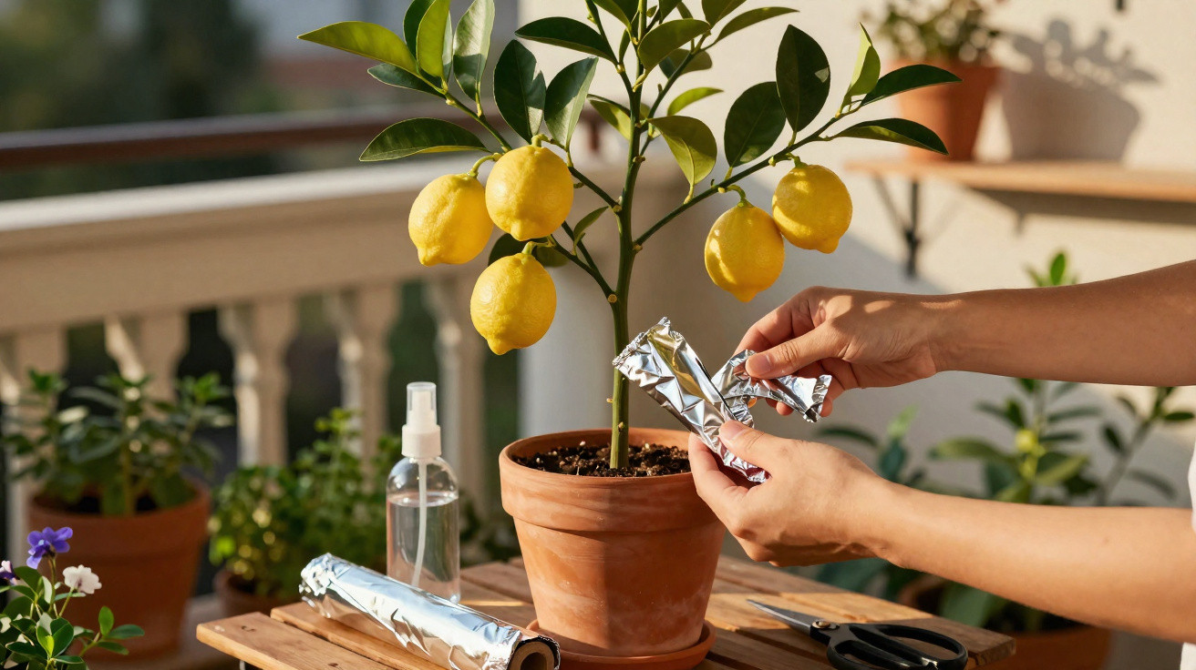 Mãos a embrulhar limões de uma planta em vaso com papel de alumínio numa varanda ensolarada.