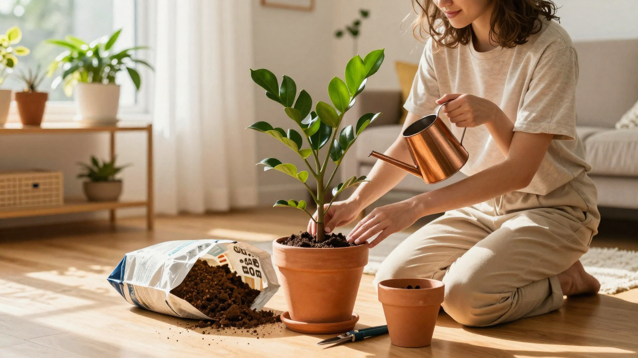 Mulher a regar planta em vaso, sentada no chão de madeira numa sala iluminada e com mais plantas ao fundo.