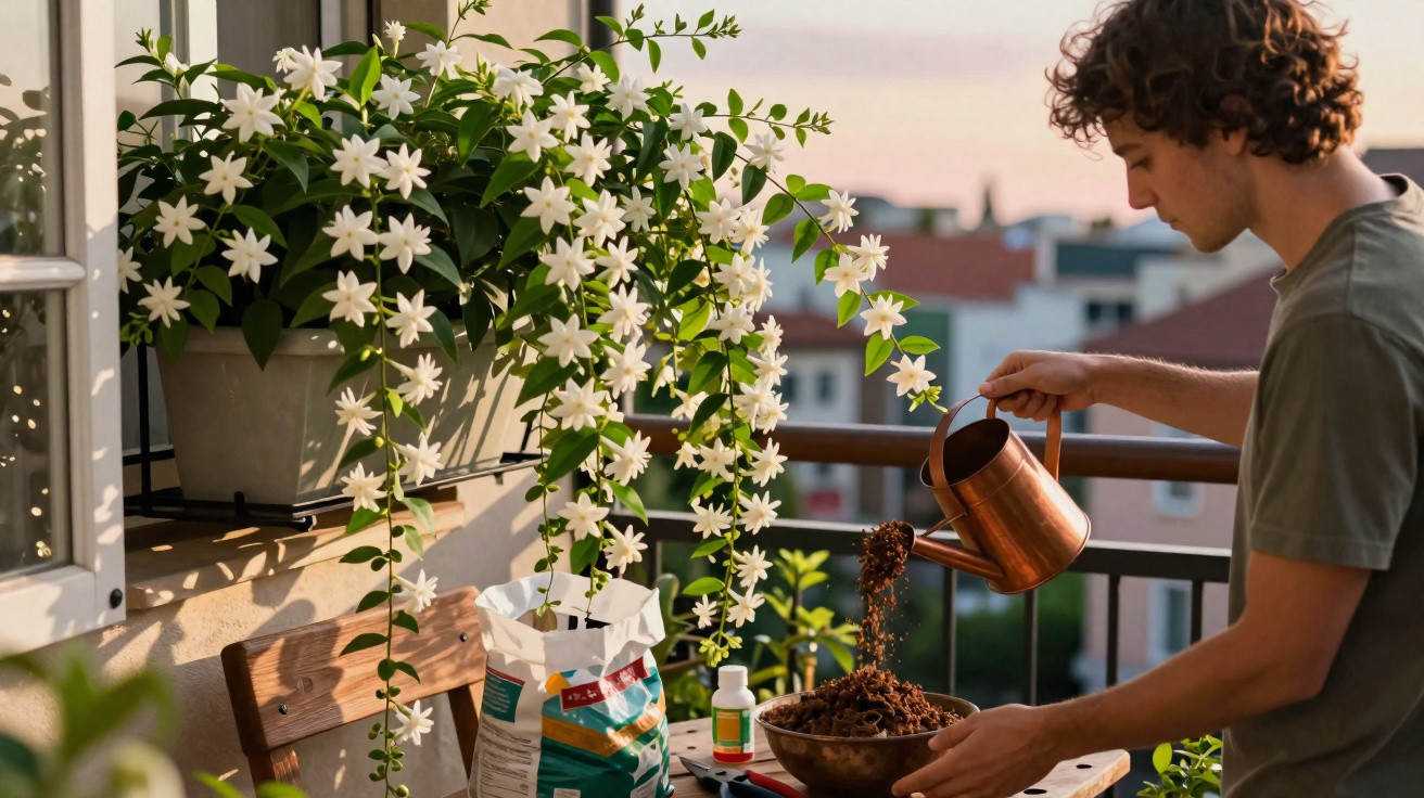 Homem regando terra para plantar flores brancas num vaso numa varanda ao entardecer.