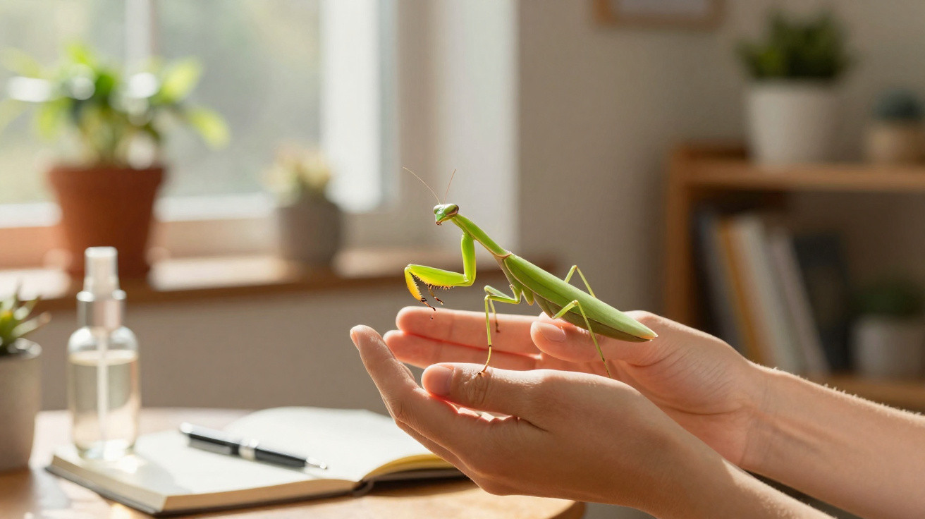 Pessoa a segurar uma louva-a-deus verde com um livro aberto e plantas desfocadas ao fundo.