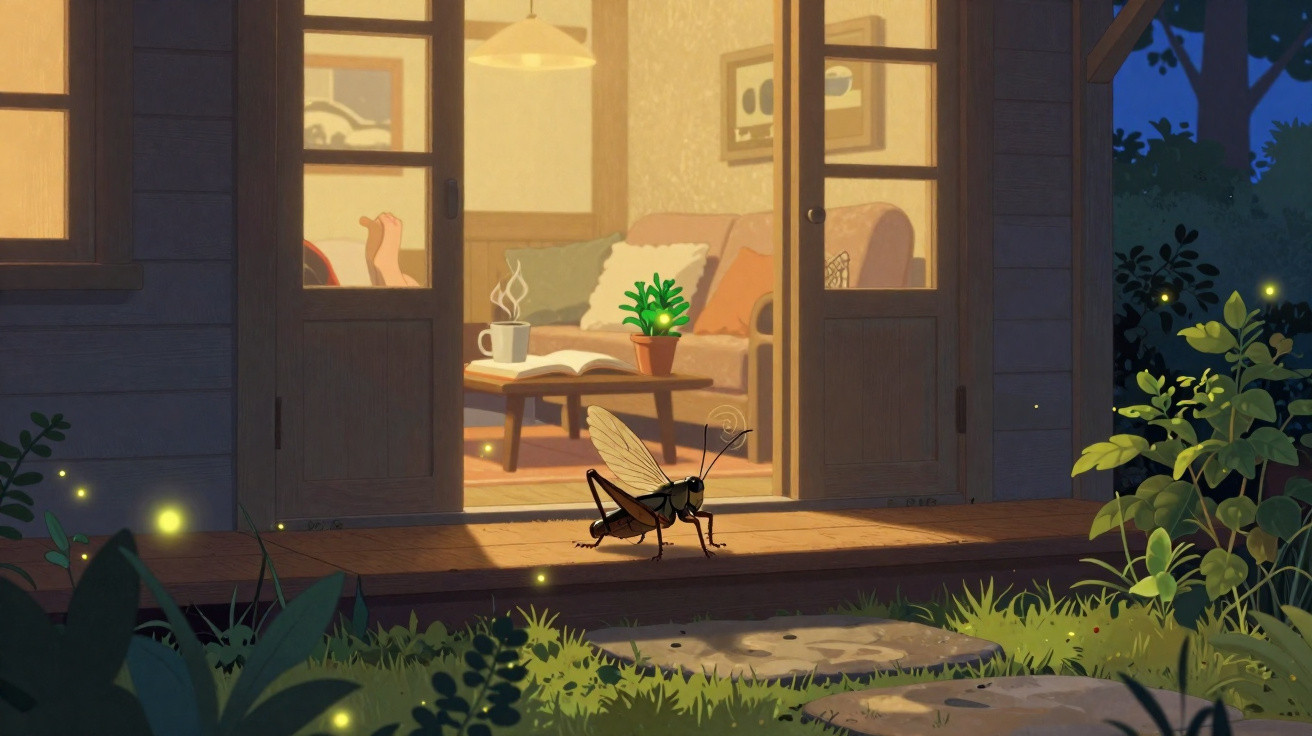 Grilo na soleira de uma casa iluminada, com plantas e um sofá visível no interior durante a noite.