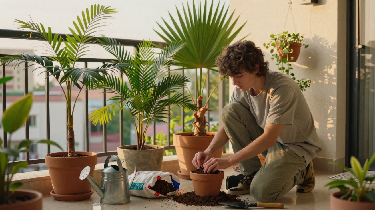 Jovem a cuidar de plantas em vasos num terraço com várias plantas e regador.