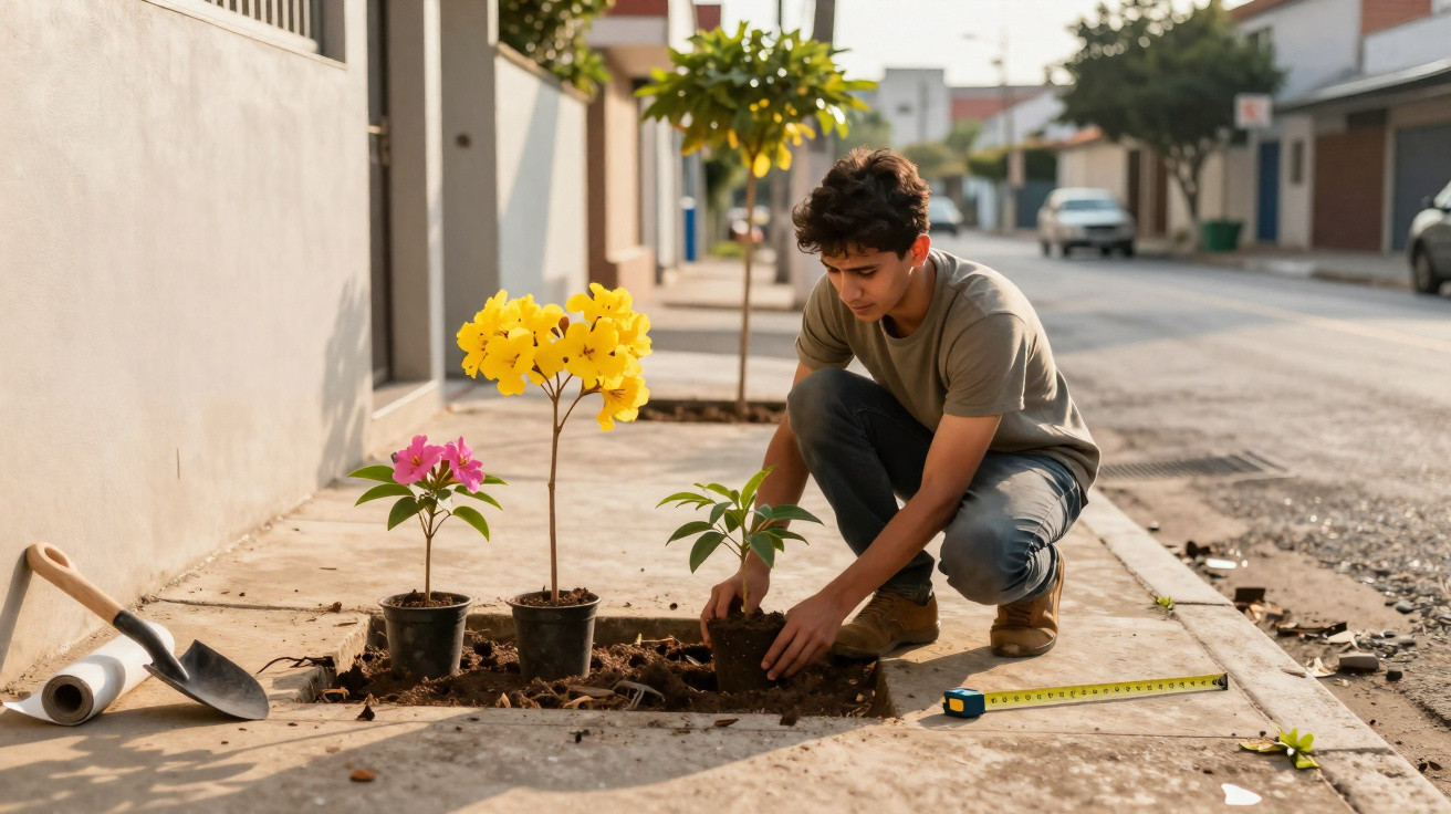Jovem a plantar árvores e flores num canteiro urbano na calçada de uma rua residencial.