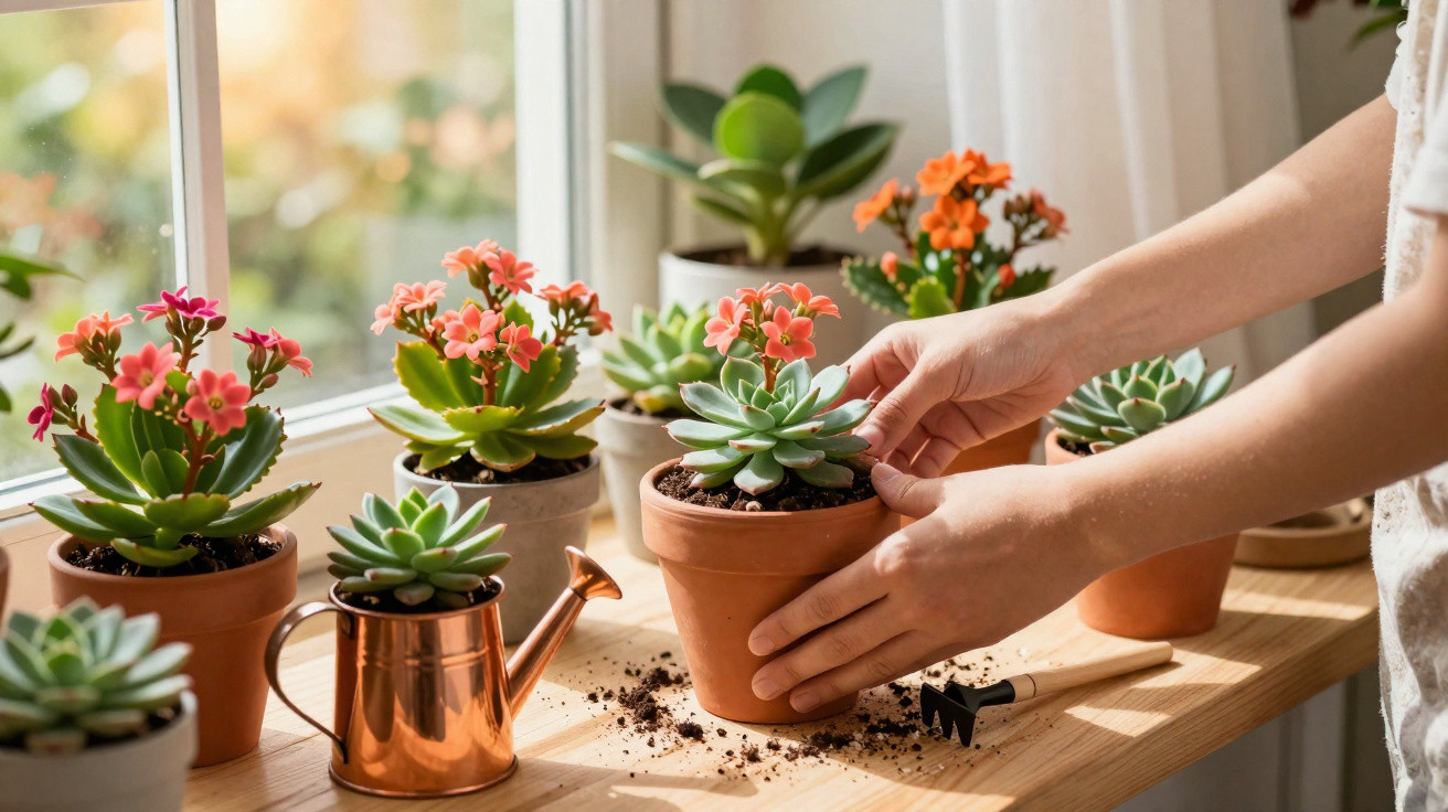 Mãos a cuidar de suculentas e flores em vasos junto a uma janela, com regador e ferramentas de jardinagem.