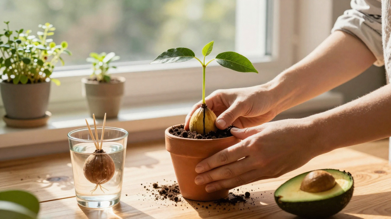 Mãos a plantar um caroço de abacate num vaso, com plantas e meio abacate numa mesa junto à janela.