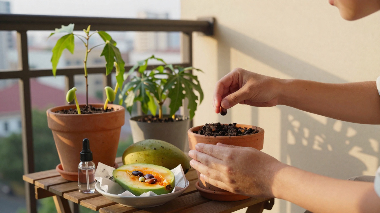 Mãos a plantar sementes em vaso com terra ao lado de mamão e duas plantas em vasos no varandim.