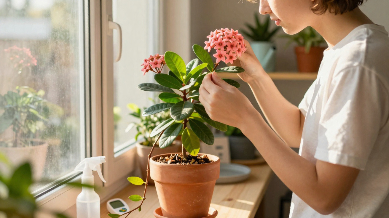 Pessoa a cuidar de planta com flores cor-de-rosa num vaso de barro junto a uma janela interior.