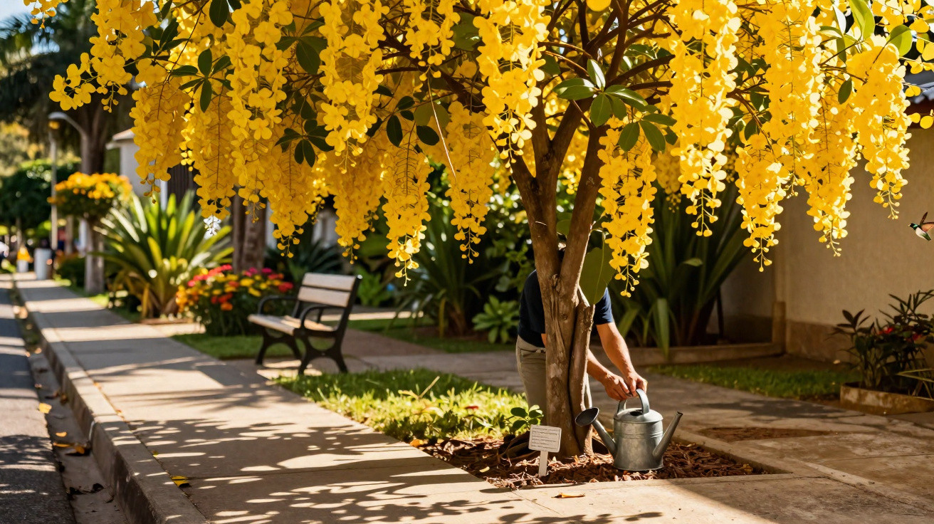 Pessoa a regar árvore florida com flores amarelas pendentes numa calçada ensolarada.