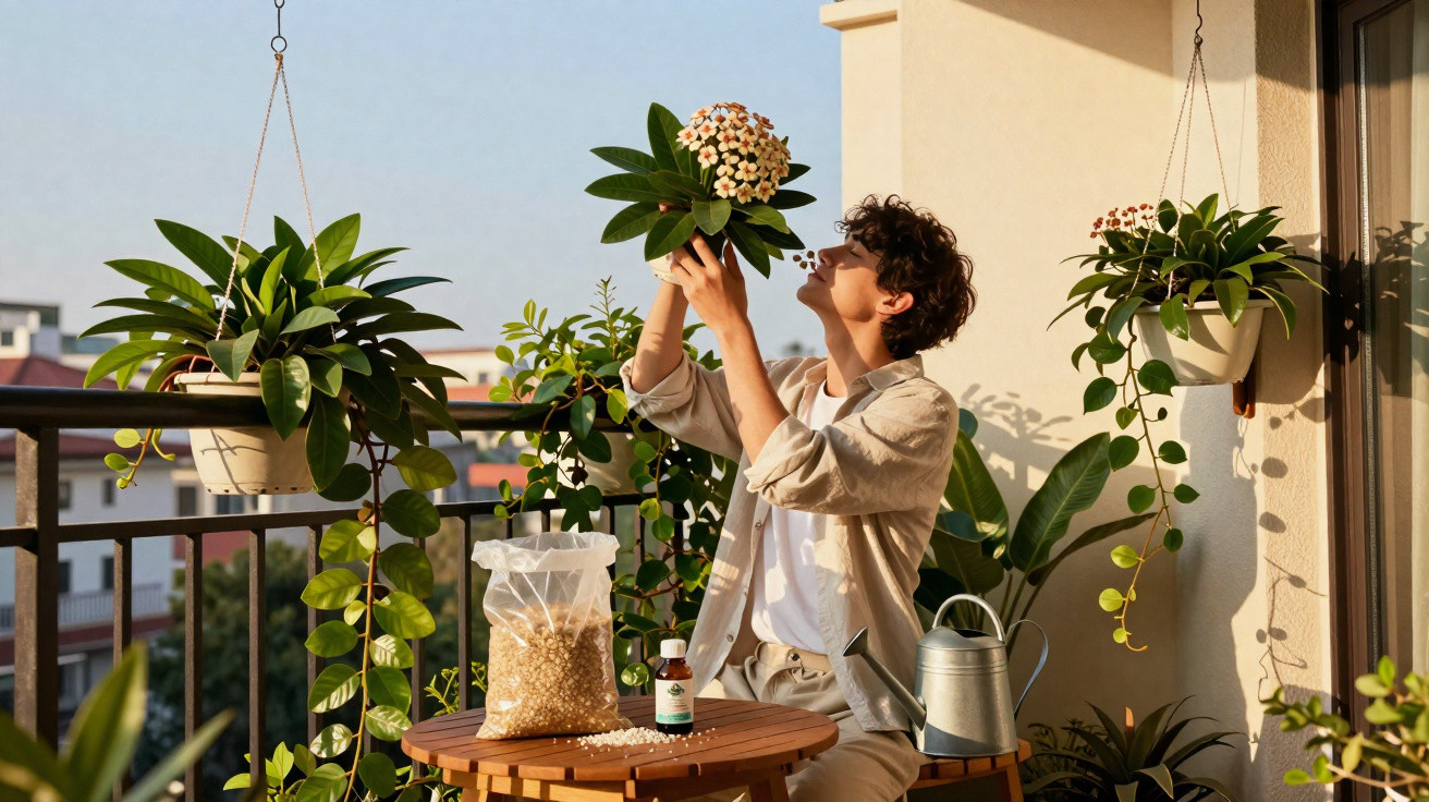 Pessoa a cuidar de plantas num terraço ensolarado com regador e produtos de jardinagem à mesa.