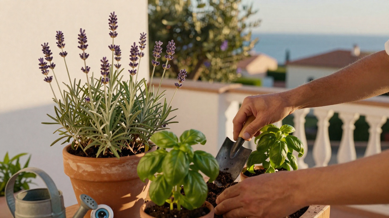 Pessoa a cuidar de plantas aromáticas em vasos num terraço com vista para o mar.