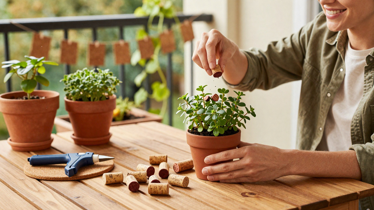 Pessoa a decorar um vaso com uma planta usando rolhas de cortiça numa mesa de madeira.