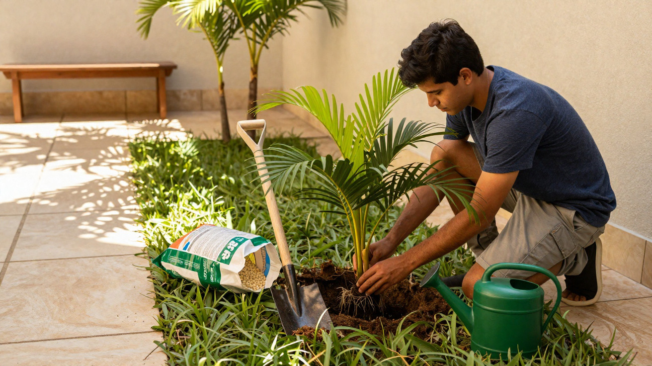Homem a plantar uma pequena palmeira num jardim junto a uma parede, com regador e saco de adubo ao lado.