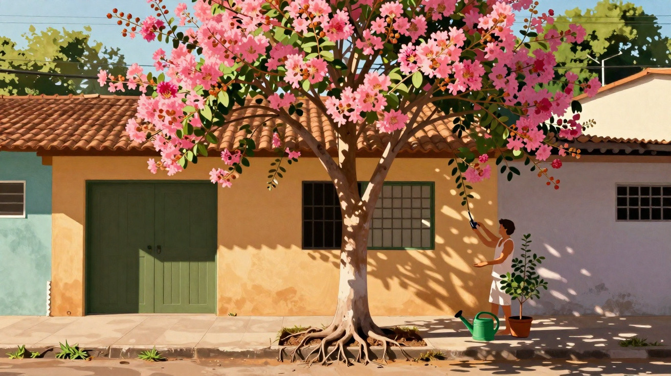 Árvore florida de flores cor-de-rosa em frente a casas, com pessoa a cuidar de planta em vaso no passeio.