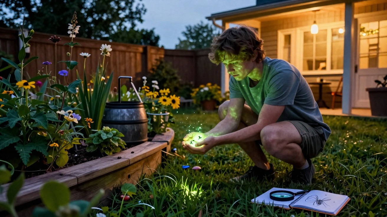 Rapaz agachado no jardim à noite a segurar vaga-lumes com luz verde, ao lado de caderno aberto com desenho de aranha.