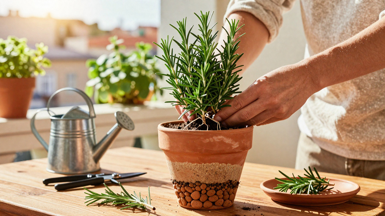 Pessoa a cuidar de planta de alecrim num vaso de barro, com regador e tesoura numa mesa de madeira.