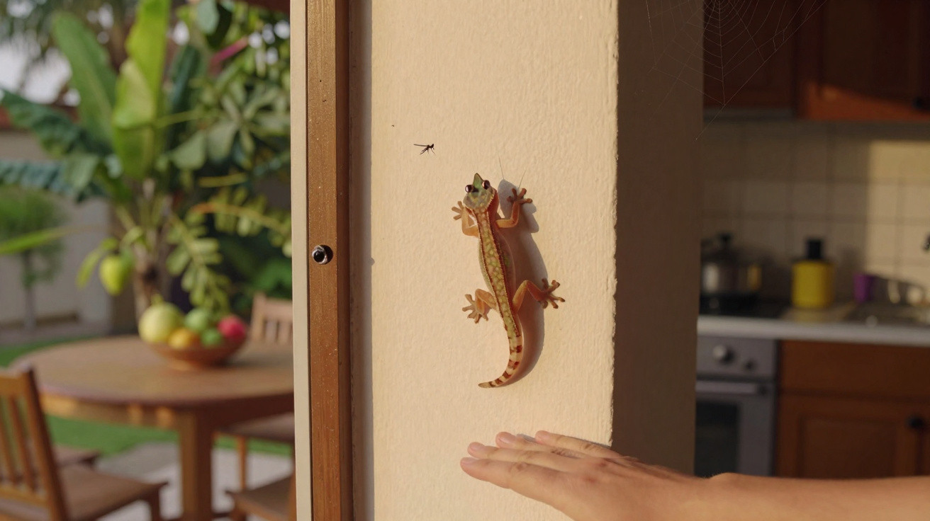 Lagarto na parede a olhar para um mosquito perto da mão estendida de uma pessoa numa cozinha com varanda.