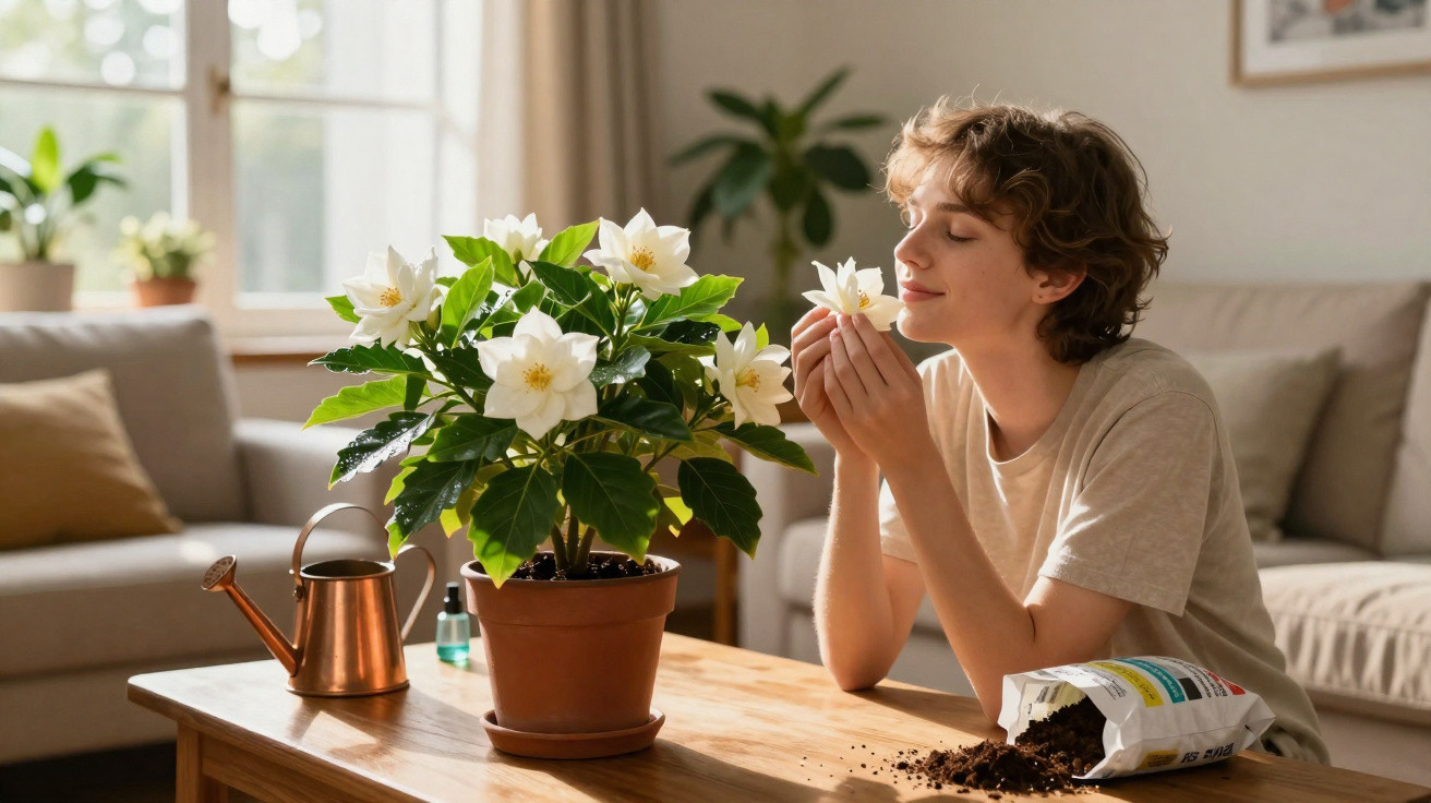 Pessoa a cheirar uma flor branca de planta em vaso num ambiente interior com luz natural.