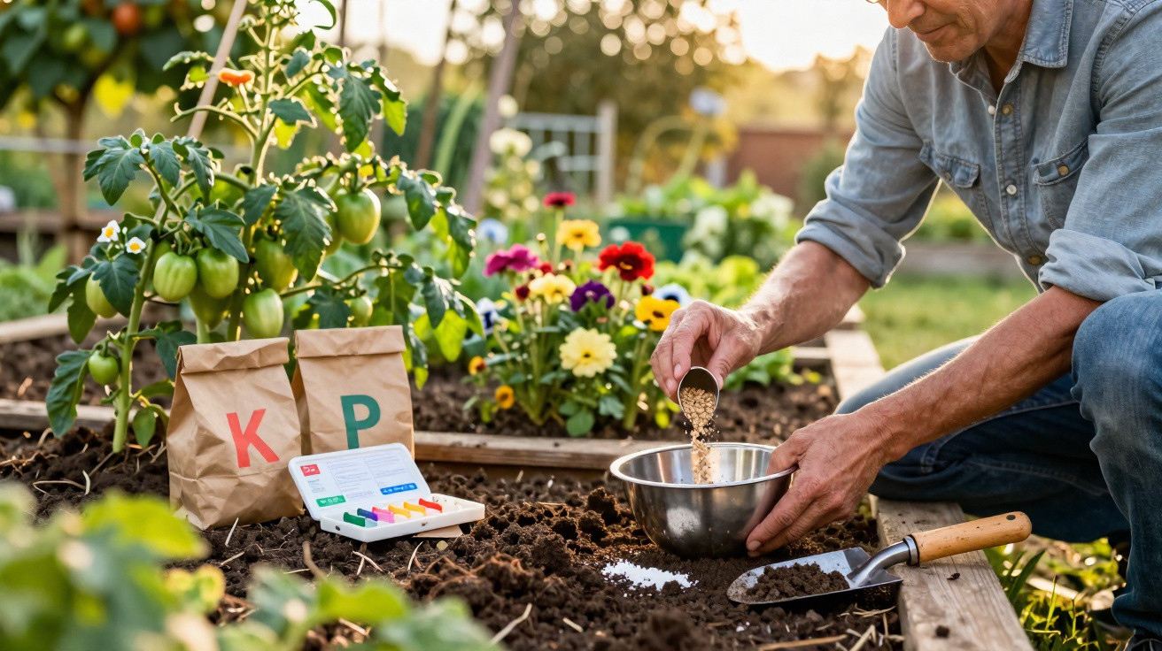 Homem a fertilizar solo de horta com sementes em área de cultivo com plantas e flores coloridas.