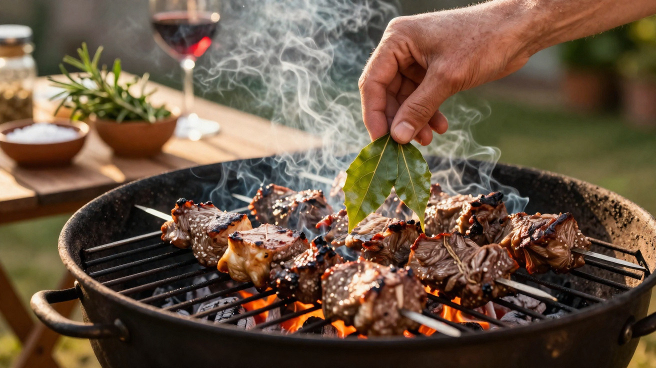 Espetadas de carne a grelhar num churrasco com uma mão a colocar folhas de louro para aromatizar.