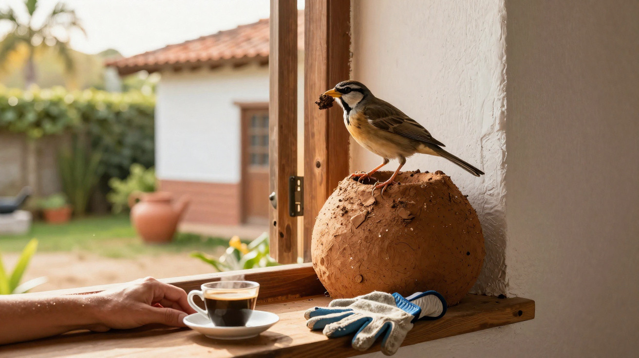 Pássaro pousado numa jarra de barro junto a uma janela aberta com café, luvas e mão em cima da mesa.