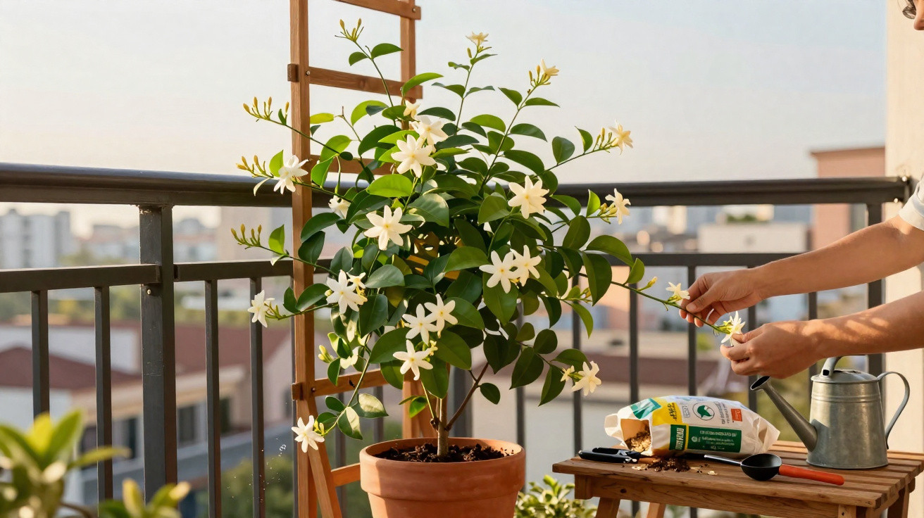 Pessoa a cuidar de planta florida com flores brancas num vaso de barro num terraço urbano ao pôr do sol.
