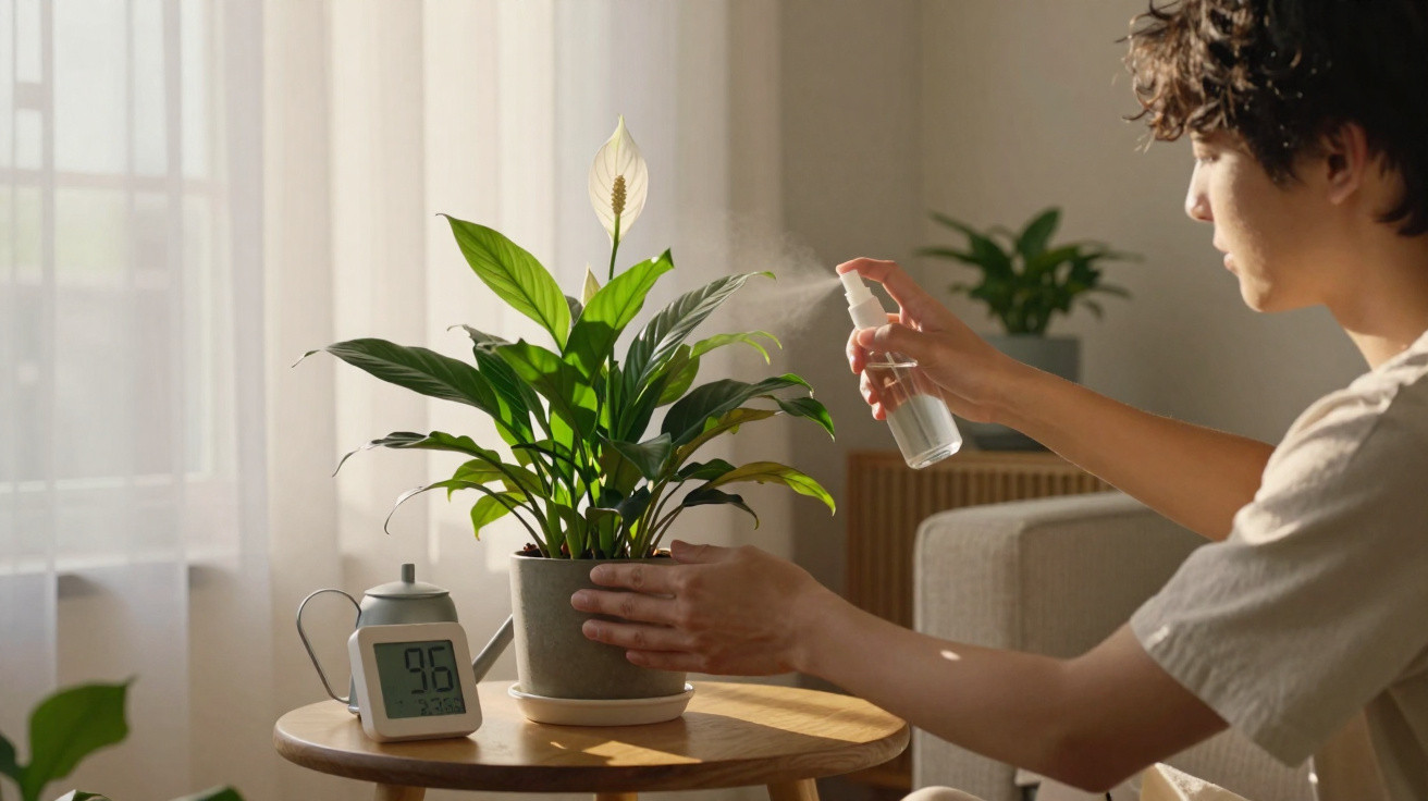 Pessoa a pulverizar uma planta verde com flor branca numa divisão iluminada de luz natural.