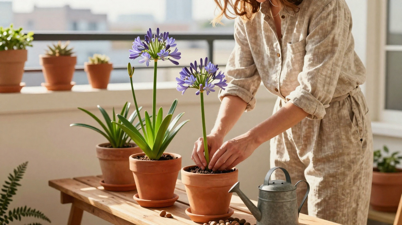 Mulher a cuidar de plantas com flores roxas em vaso de barro numa mesa de madeira interior.