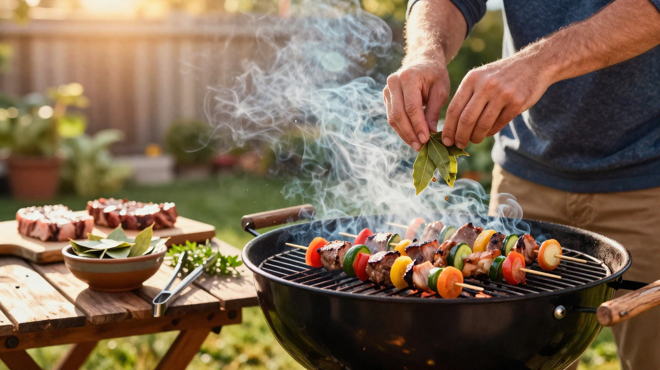 Pessoa a temperar espetadas com folhas num churrasco ao ar livre com mesa e comida ao lado.