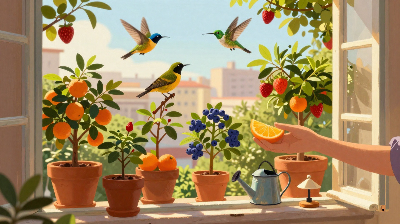 Janela com vasos de frutas e duas aves coloridas a voar num cenário urbano iluminado pelo sol.